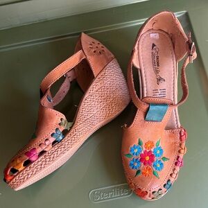 Handmade Leather Multicolor Floral Wedge Sandals